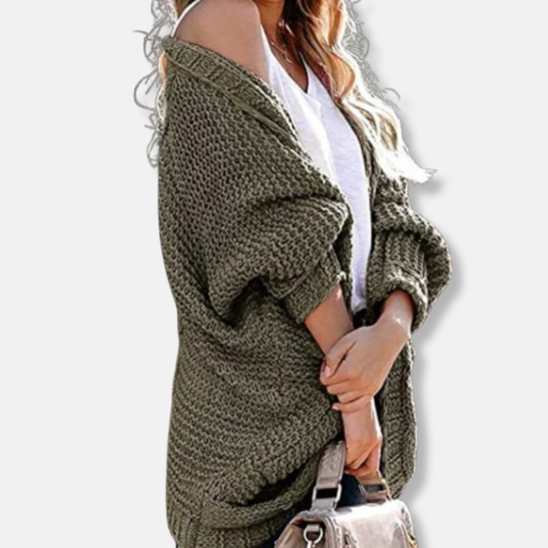 EB | Woll Übergroßer Cardigan Gerippter Offener Fronttaschen Cardigan