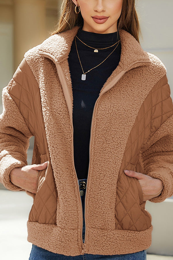 EB | Langarm-Cardigan mit Reißverschluss aus Plüsch-Patchwork Damenjacke