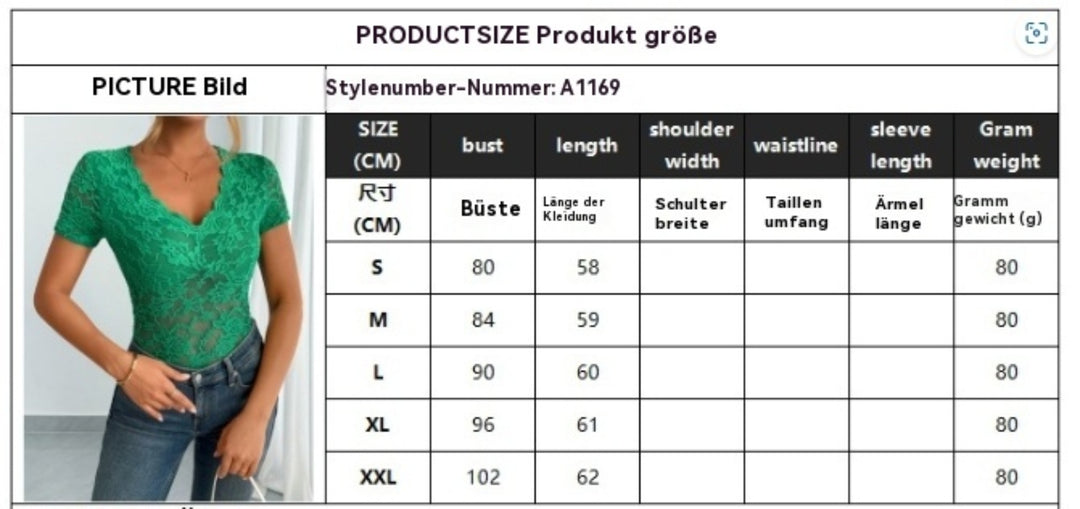 EB | Damen Einfarbig Sexy Spitze V-Ausschnitt Kurzarm