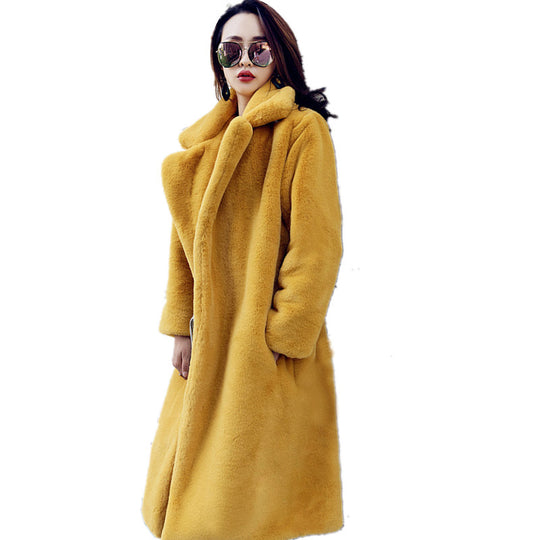 Damen Eleganter und voluminöser Kunstpelzmantel mit breitem Kragen EB