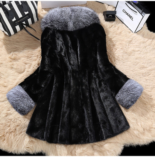 Damen Eleganter Kunstfellmantel mit luxuriösem Kragen EB