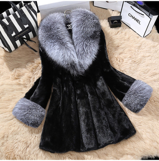 Damen Eleganter Kunstfellmantel mit luxuriösem Kragen EB