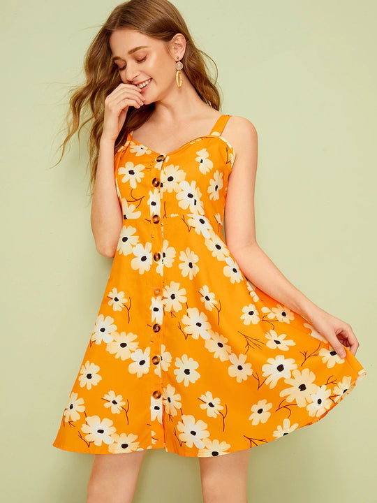 Damen Sommerkleid mit Blumenmuster und Knopfleiste EB