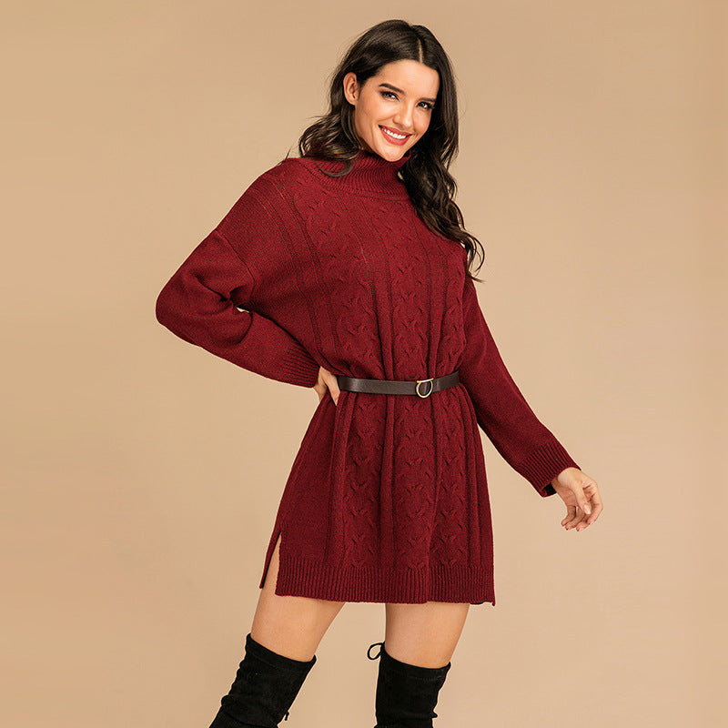 Damen Strickkleid mit hohem Kragen und seitlichen Schlitzen EB