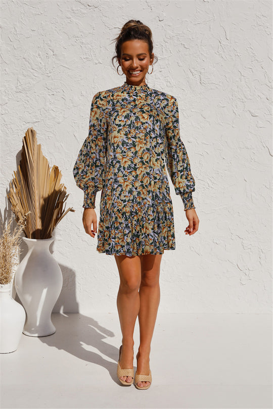 Damen Blümchen Minikleid mit voluminösen Ärmeln und dekorativem Stehkragen EB