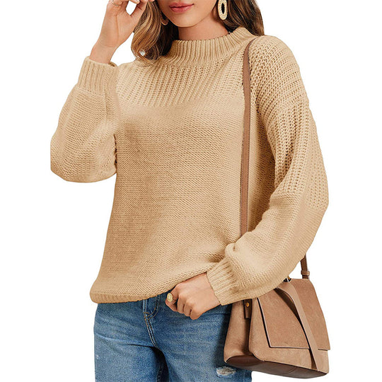 Damen kuscheliger Strickpullover mit hohem Kragen und modernen Lochdetails EB