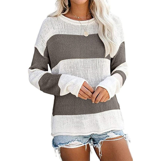 Damen lässiger Strickpullover mit modernem Blockstreifenmuster und weitem Schnitt EB
