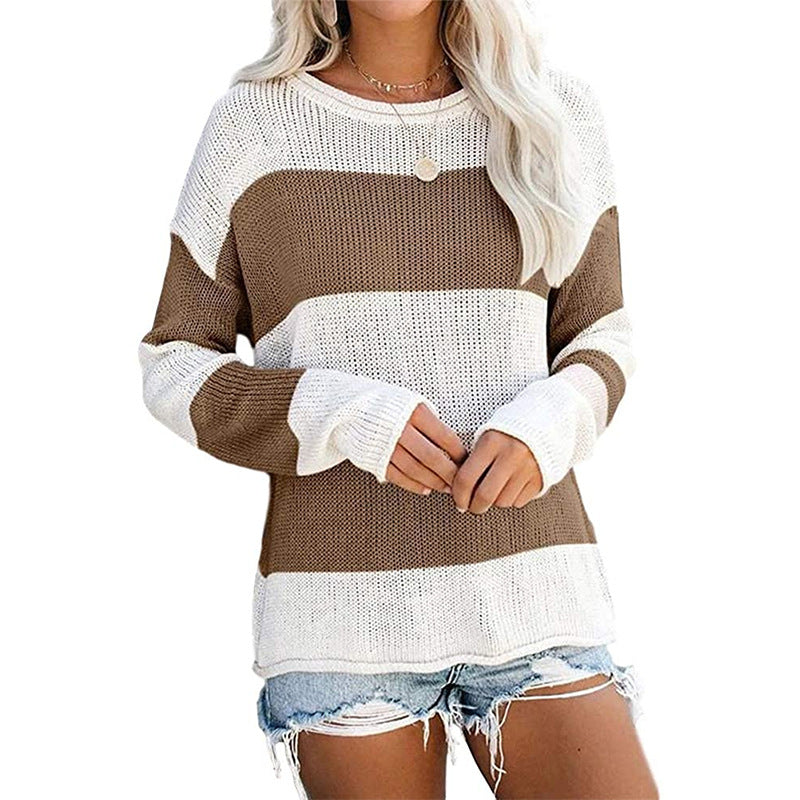 Damen lässiger Strickpullover mit modernem Blockstreifenmuster und weitem Schnitt EB