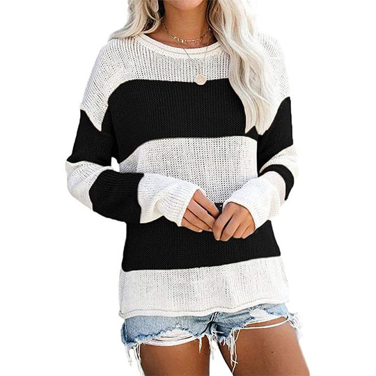 Damen lässiger Strickpullover mit modernem Blockstreifenmuster und weitem Schnitt EB