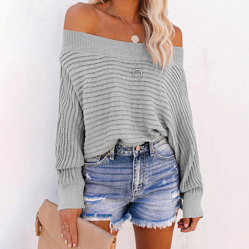 Damen lässiger Pullover mit schulterfreiem Design und strukturiertem Strickmuster EB