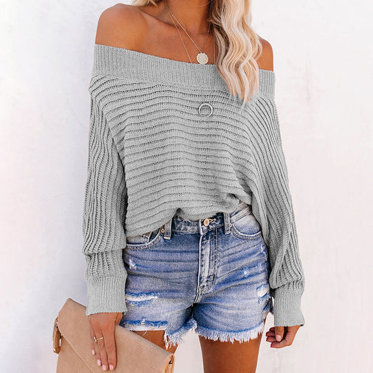 Damen lässiger Pullover mit schulterfreiem Design und strukturiertem Strickmuster EB
