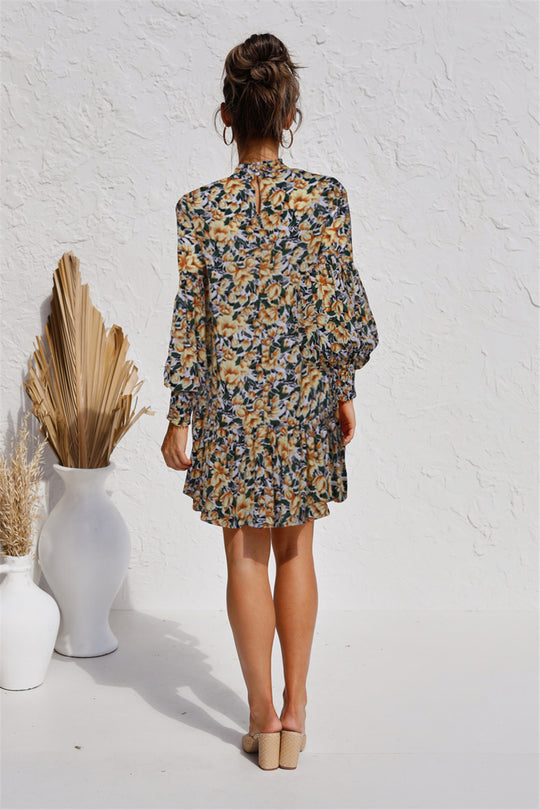 Damen Blümchen Minikleid mit voluminösen Ärmeln und dekorativem Stehkragen EB