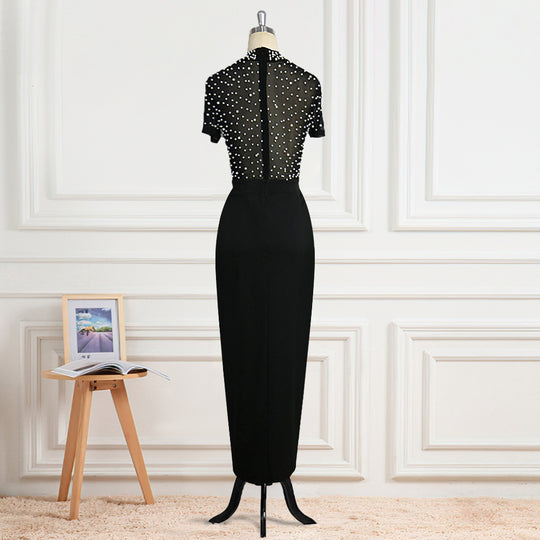 Damen elegantes Maxikleid mit transparentem Oberteil und schimmernden Perlen EB