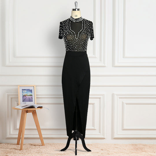Damen elegantes Maxikleid mit transparentem Oberteil und schimmernden Perlen EB
