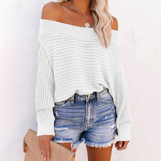 Damen lässiger Pullover mit schulterfreiem Design und strukturiertem Strickmuster EB