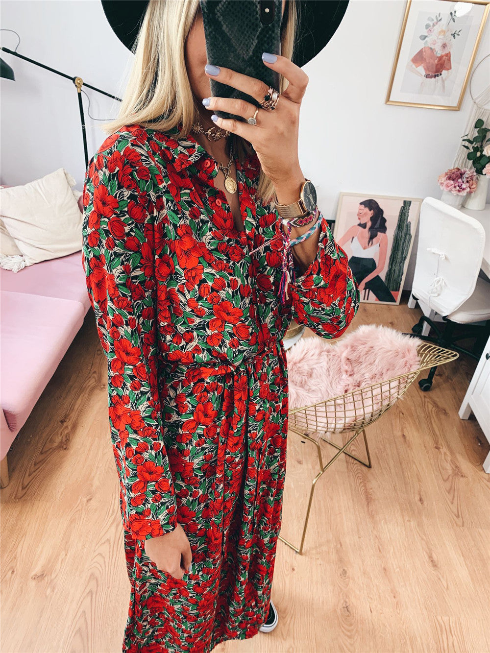 Damen Maxikleidl mit floralen Mustern und schickem Gürtel EB