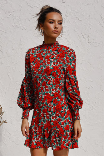 Damen Blümchen Minikleid mit voluminösen Ärmeln und dekorativem Stehkragen EB