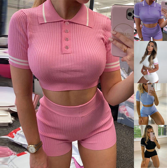 Damen Sportliches Kurzarm-Set mit hohen Bund und strukturiertem Stoff EB