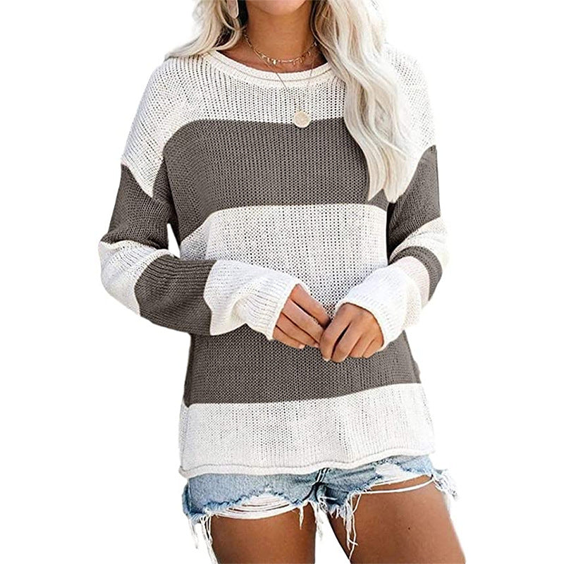 Damen lässiger Strickpullover mit modernem Blockstreifenmuster und weitem Schnitt EB