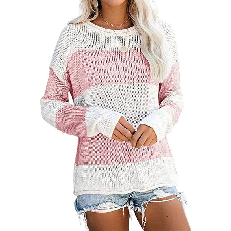 Damen lässiger Strickpullover mit modernem Blockstreifenmuster und weitem Schnitt EB