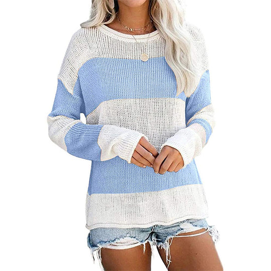 Damen lässiger Strickpullover mit modernem Blockstreifenmuster und weitem Schnitt EB