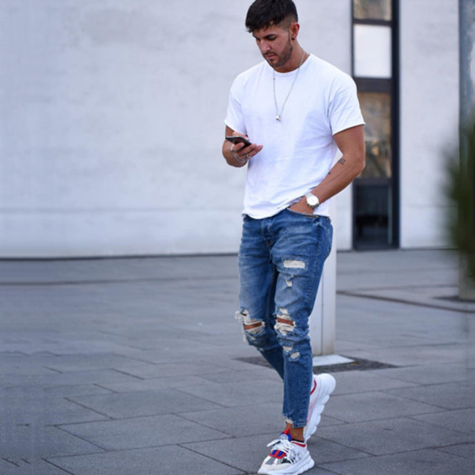 Herren modische Slim Fit Jeans mit angesagten Rissen und Verjüngung EB