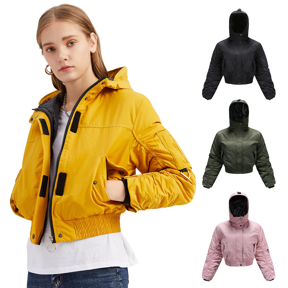 Damen cropped Outdoor-Jacke mit verstellbarem Kapuzenkragen und elastischen Bündchen EB