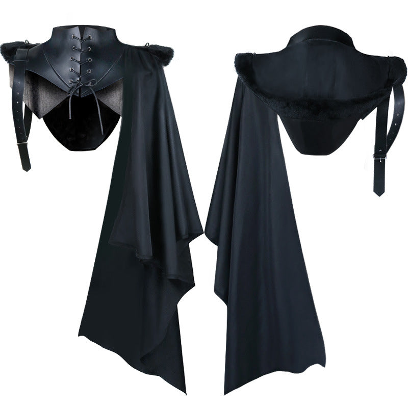 Unisex nan asymmetrischer Kapuzen-Schulterumhang mit Schnürkragen und verstellbaren Lederriemen Eb
