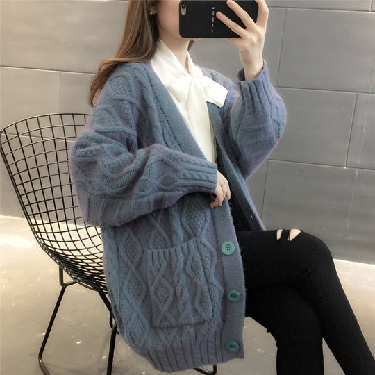 Damen Wabenstrick Oversized Cardigan mit Taschen und Knopfdetail EB