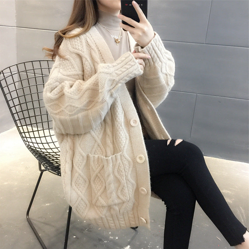 Damen Wabenstrick Oversized Cardigan mit Taschen und Knopfdetail EB