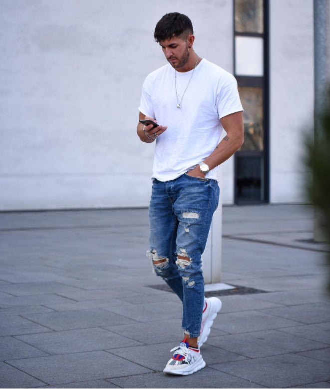 Herren modische Slim Fit Jeans mit angesagten Rissen und Verjüngung EB