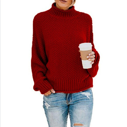 Damen Grobstrickpullover mit hohem Kragen und lässigem Schnitt EB