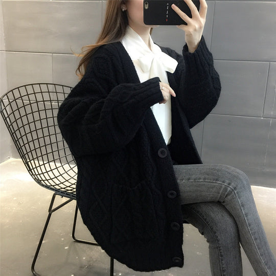 Damen Wabenstrick Oversized Cardigan mit Taschen und Knopfdetail EB