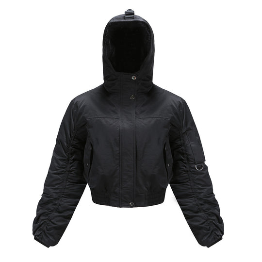 Damen cropped Outdoor-Jacke mit verstellbarem Kapuzenkragen und elastischen Bündchen EB