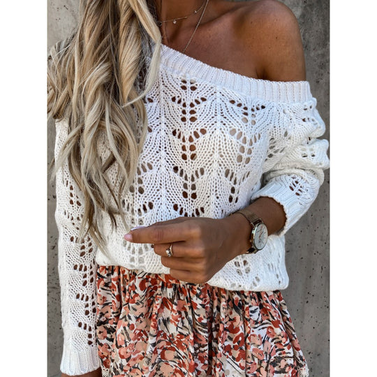 Damen Off-Shoulder Strickpullover mit floralem Lochmuster EB