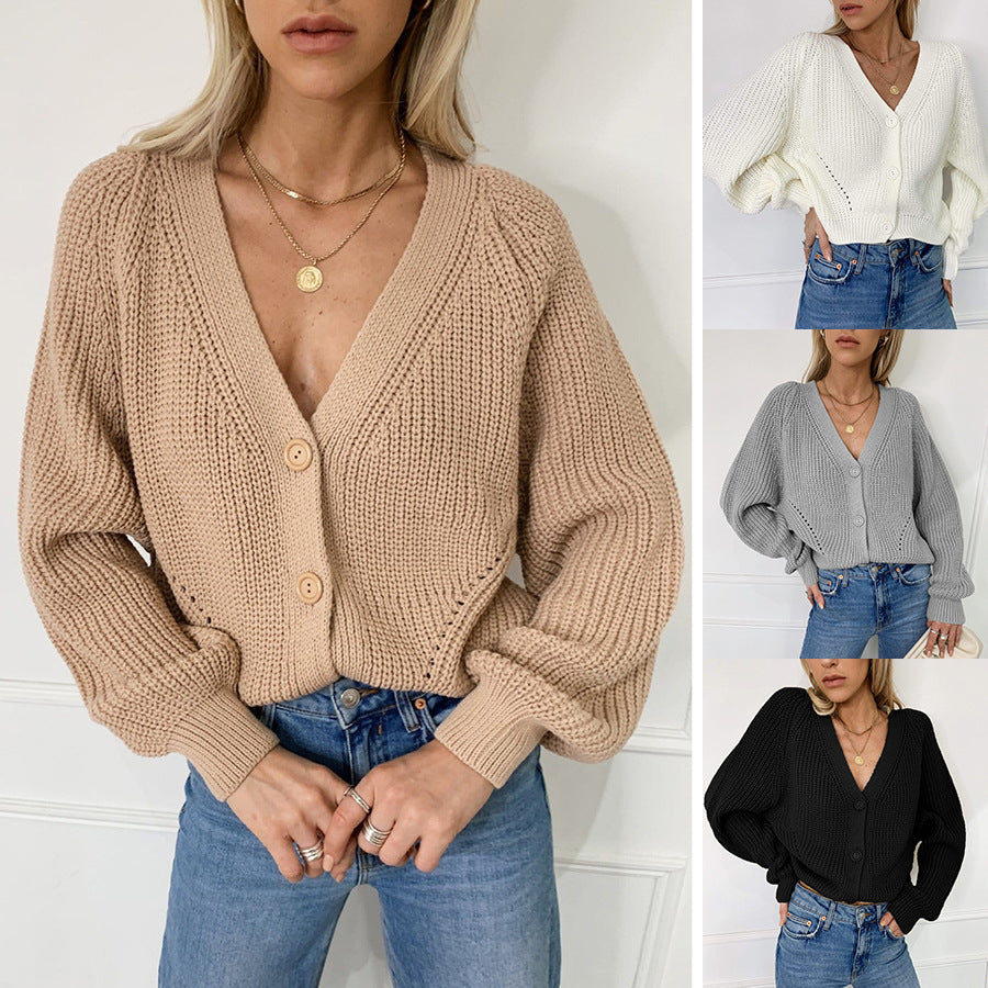 Damen Strickjacke mit V-Ausschnitt und hersonderem Knopfdesign EB