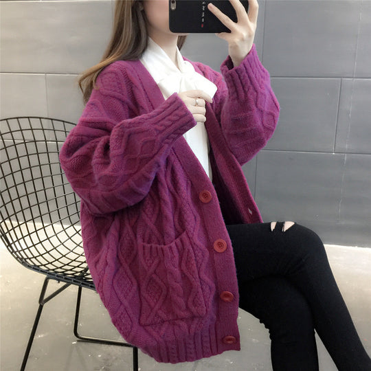 Damen Wabenstrick Oversized Cardigan mit Taschen und Knopfdetail EB