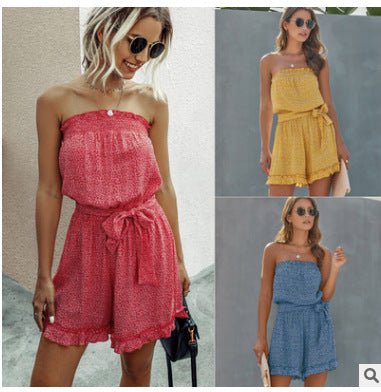 Damen Off-Shoulder Spielanzug mit Rüschendetails und Bindegürtel EB