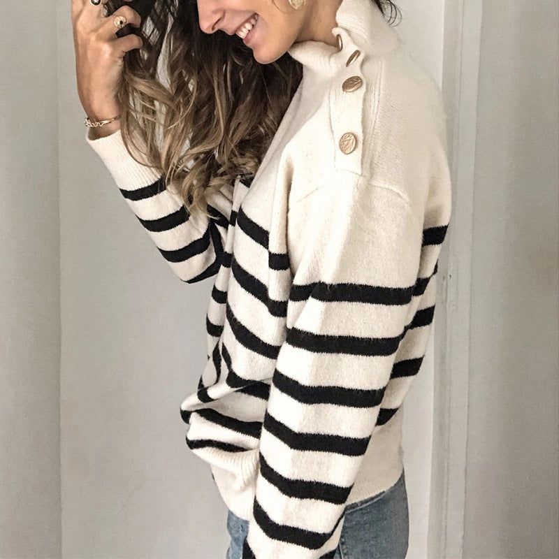 Damen Strickpullover mit Rollkragen und modischen Streifen EB