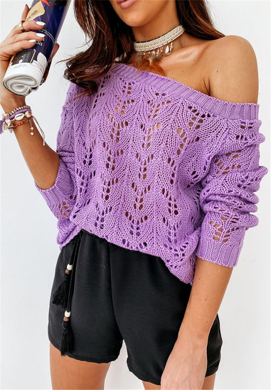 Damen Off-Shoulder Strickpullover mit floralem Lochmuster EB