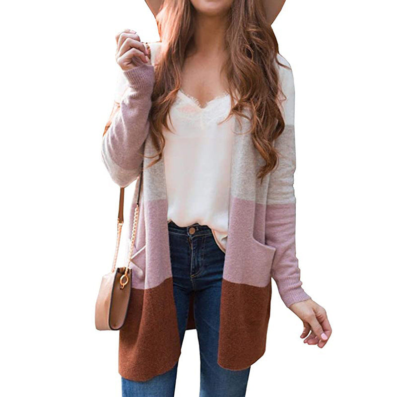 Damen Strickjacke mit modernen Farbblöcken und Taschen EB