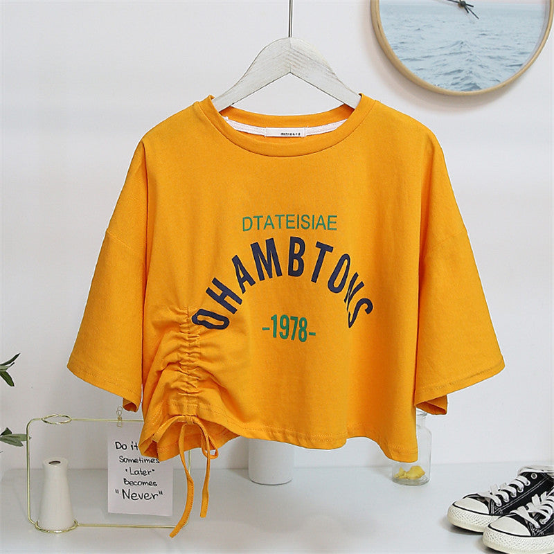 Damen cropped T-Shirt mit lässigem Kordelzug und kreativem Schriftzug EB