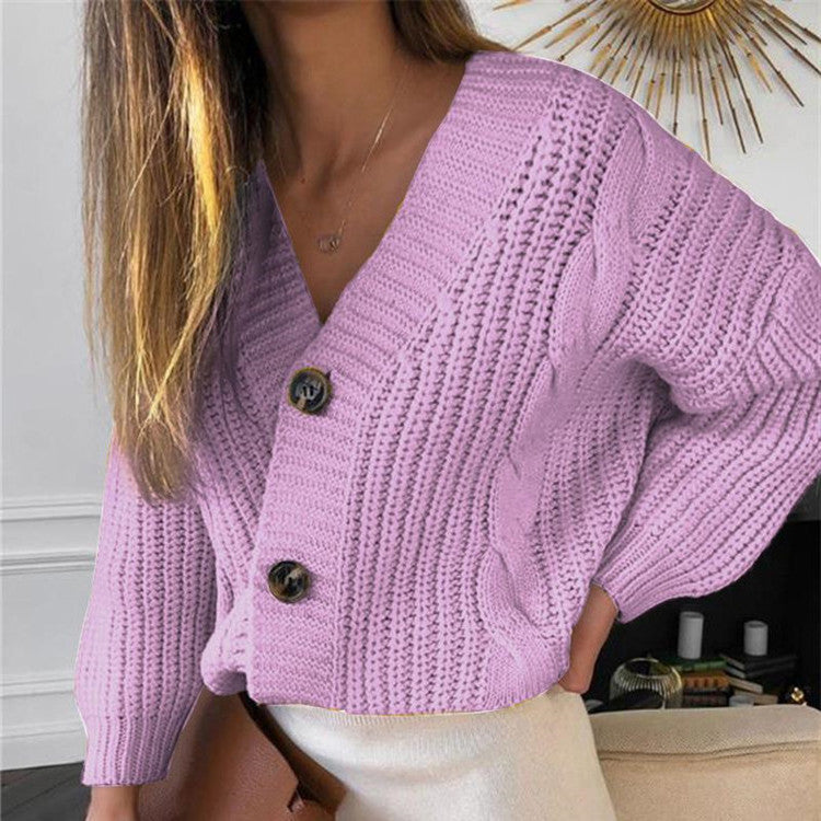 Damen Grobstrickjacke mit V-Ausschnitt und modischen Knöpfen EB