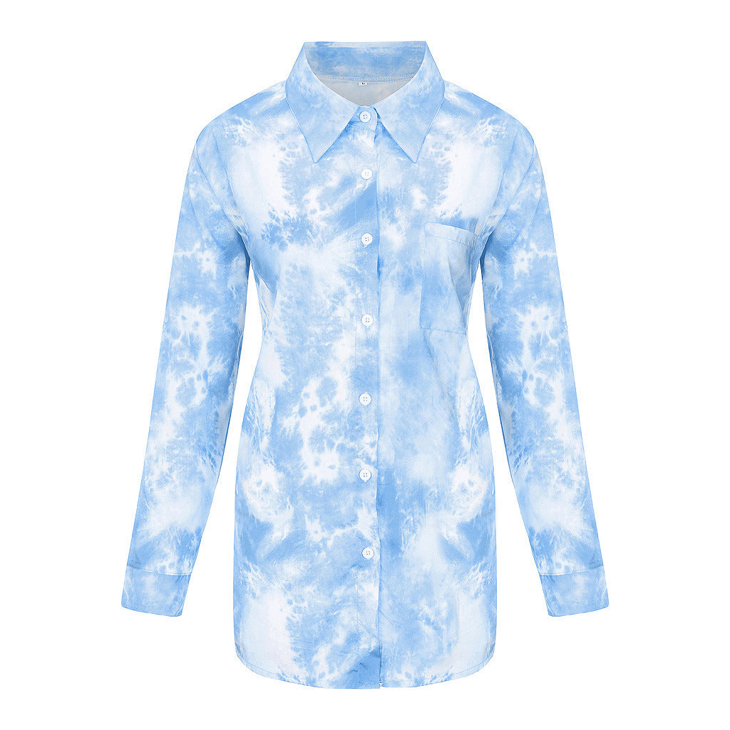 Damen Langarmhemd im kreativen Batikdesign mit Knopfleiste EB