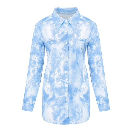 Damen Langarmhemd im kreativen Batikdesign mit Knopfleiste EB