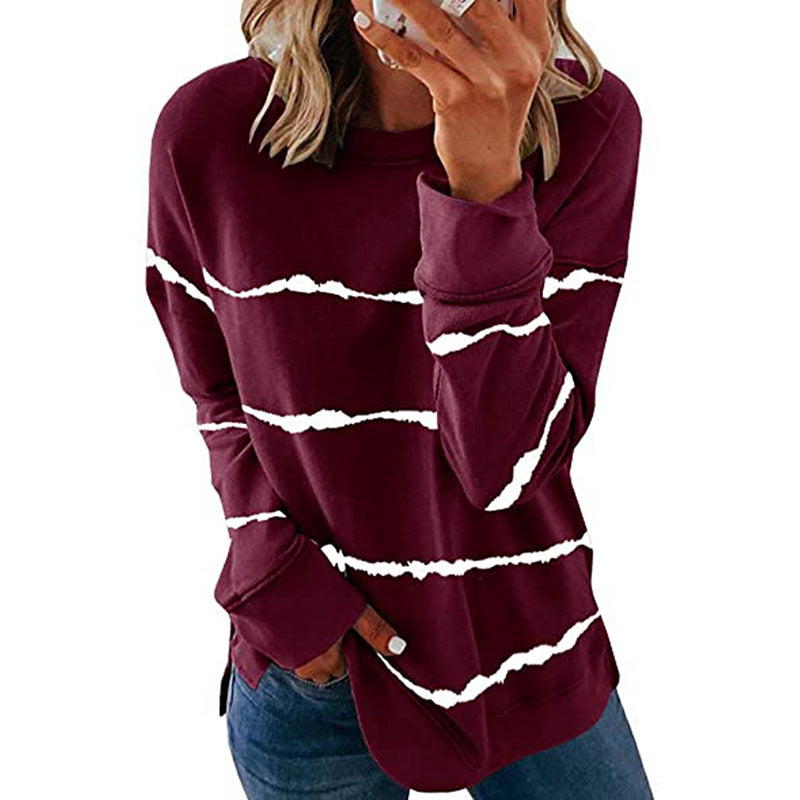 Damen nan lässiges Oversize-Sweatshirt mit wellenförmigem Streifenmuster Rundhals Seitenschlitzen und gerundetem Saum EB