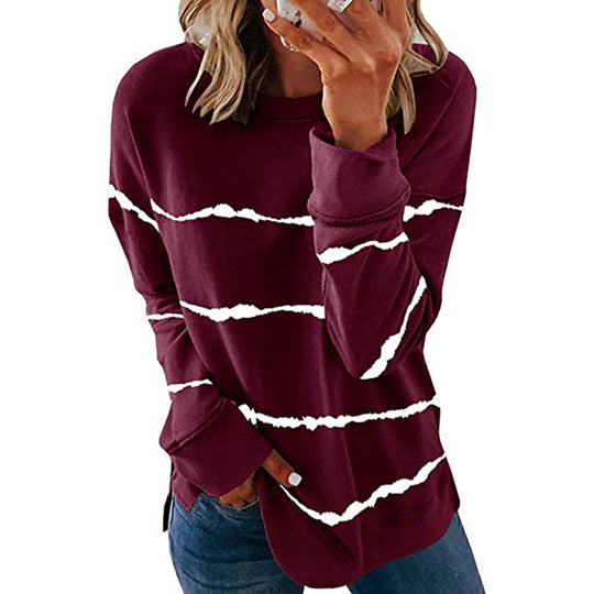 Damen nan lässiges Oversize-Sweatshirt mit wellenförmigem Streifenmuster Rundhals Seitenschlitzen und gerundetem Saum EB