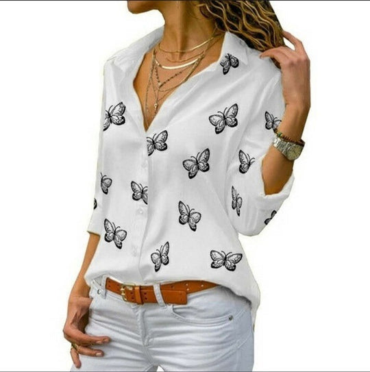 Damen nan lockere Longbluse mit Schmetterlingsprint und Hemdkragen EB
