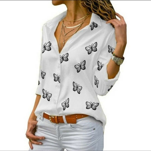 Damen nan lockere Longbluse mit Schmetterlingsprint und Hemdkragen EB