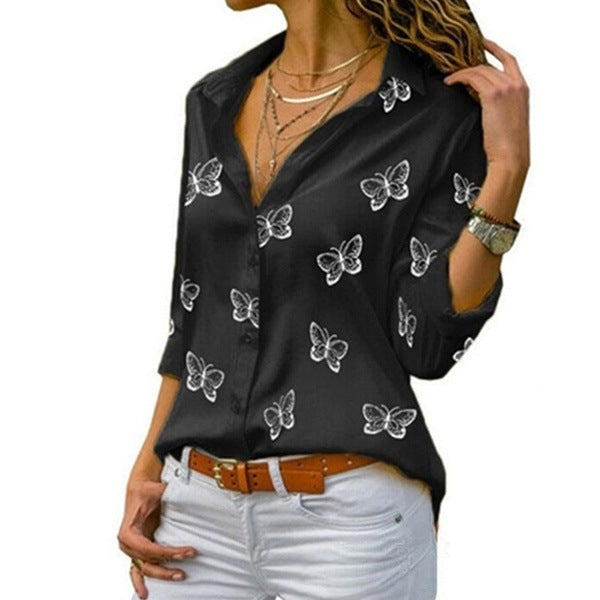 Damen nan lockere Longbluse mit Schmetterlingsprint und Hemdkragen EB